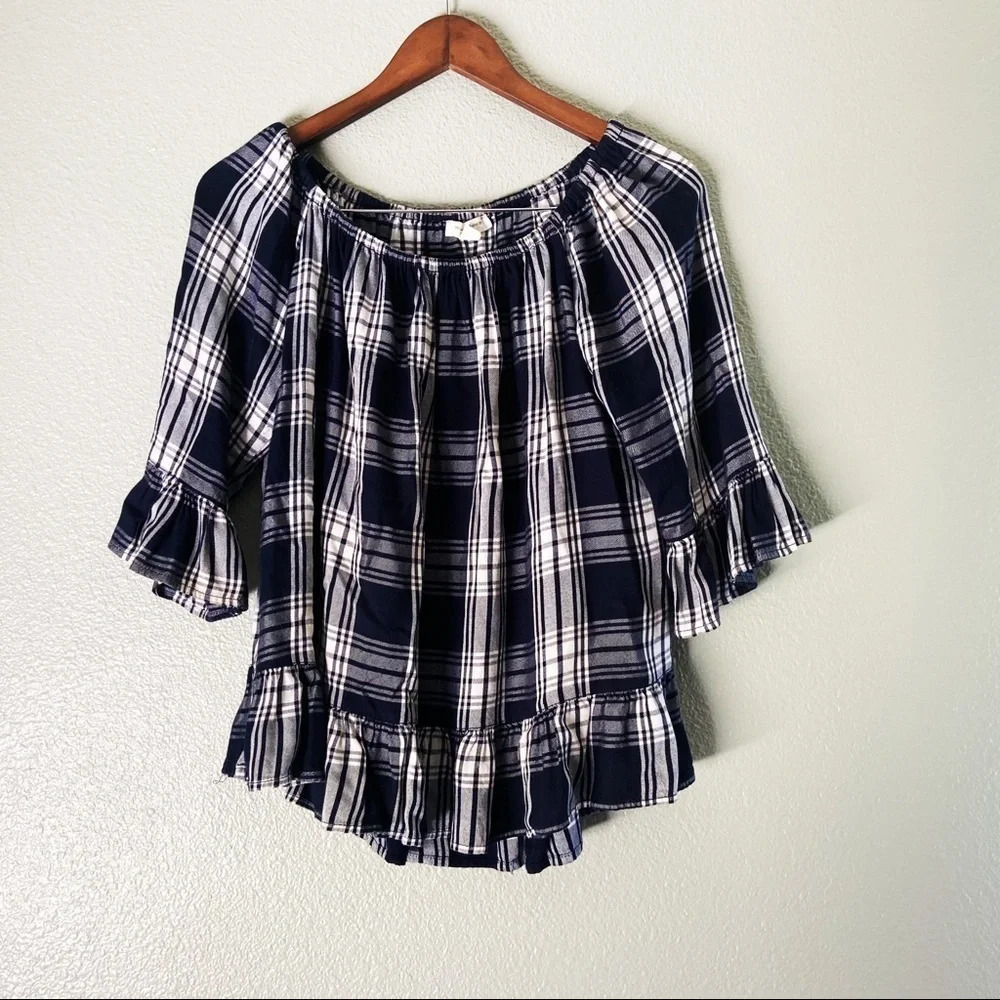 Plaid Tartan Blouse Off the Shoulder Size Medium Fall Spring BEACHLUNCHLOUNGE - Picture 11 of 11